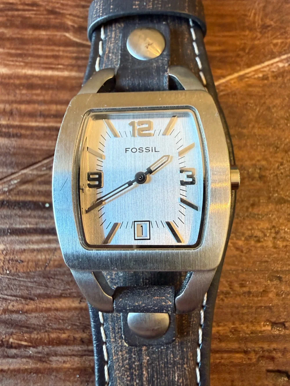 Vintage Fossil Architekt JR8130 Women's Watch Square Silver Dial Leather Cuff